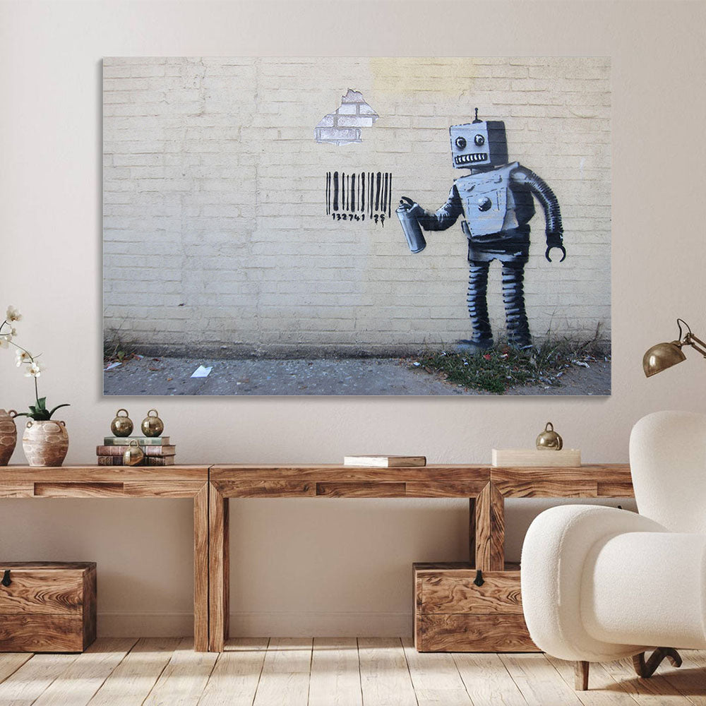Banksy Barcode Robot Graffiti Canvas Art - Modern Street
