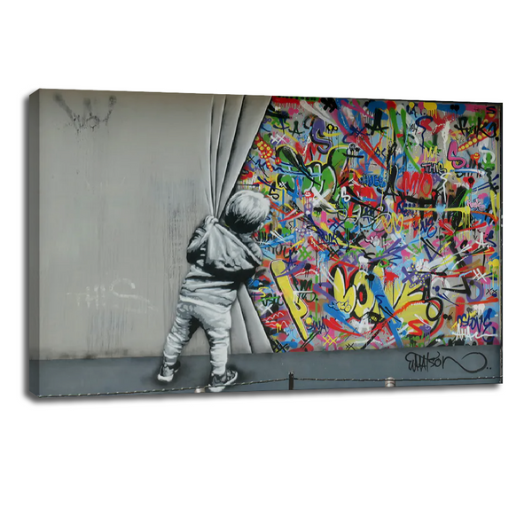 Banksy Child Graffiti Peek - Vibrant Urban Street Canvas Wall Art