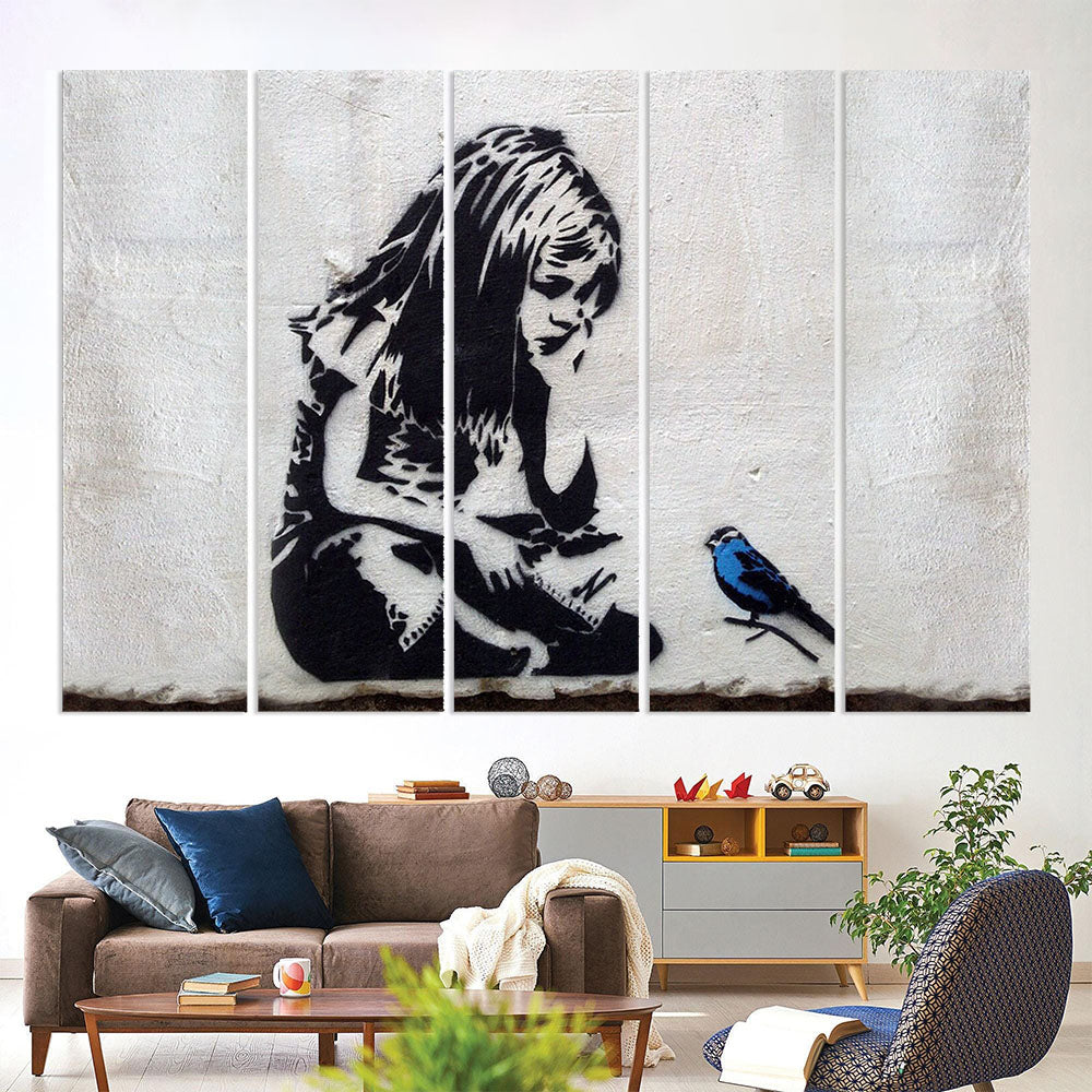 Banksy Girl with Bird - Minimalist Graffiti Canvas Art