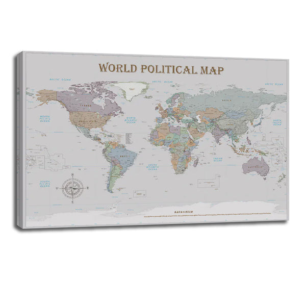 HD World Political Map Canvas - Classic Wall Art